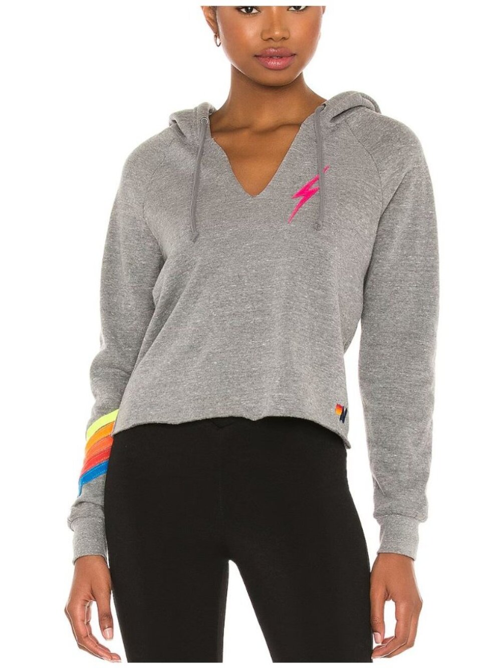 AVIATOR NATION Bolt Stitch Chevron 5 Crop Hoodie Neon Rainbow Medium